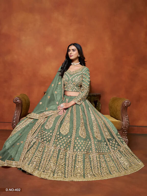 Pista Green Net Lehenga Choli with Thread & Sequins Work