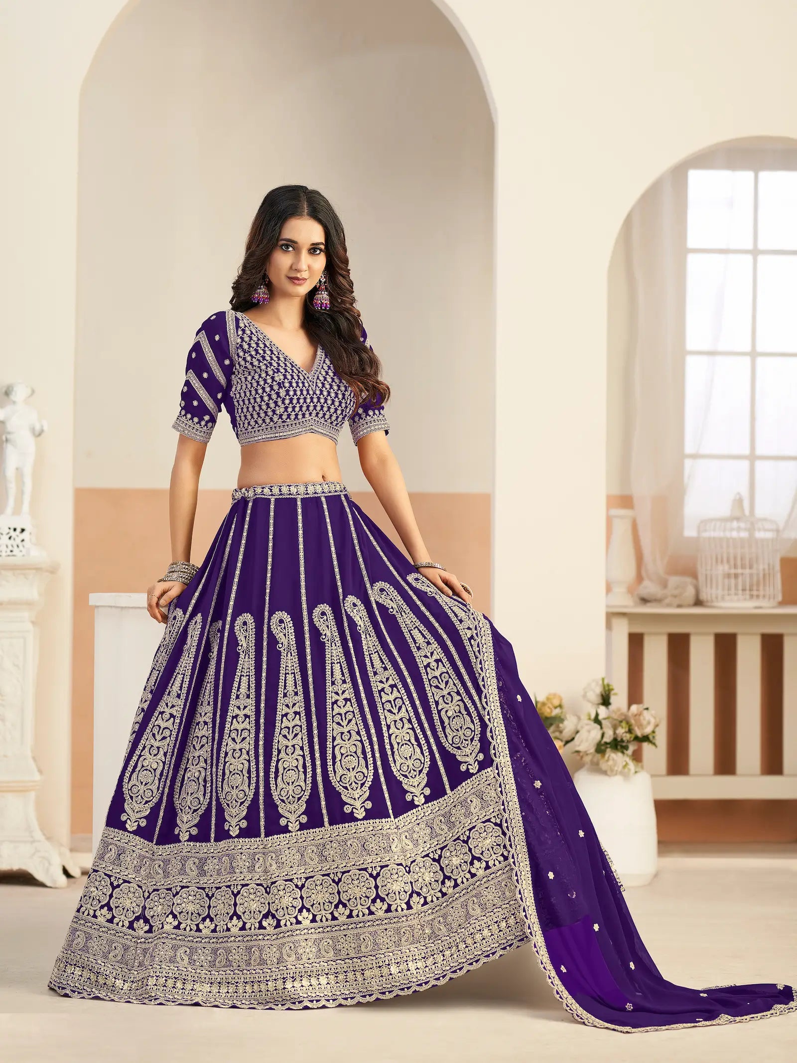 Royal Purple Georgette Lehenga WIth Embroidery Work