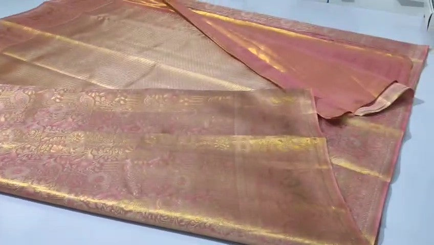 Peach Kanchipuram Handloom Tissue Brocade Silk Saree