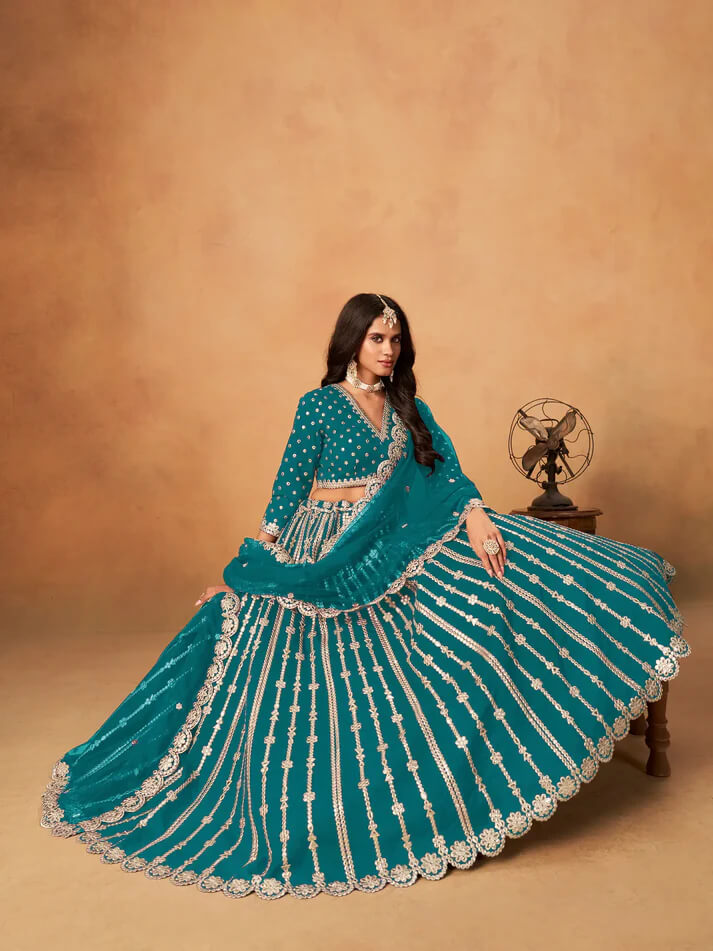 Teal Blue Art Silk Lehenga with Mirror & Embroidery