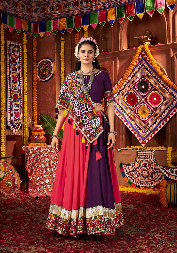 Multi Color Thread & Mirror Work Cotton Navratri Lehenga