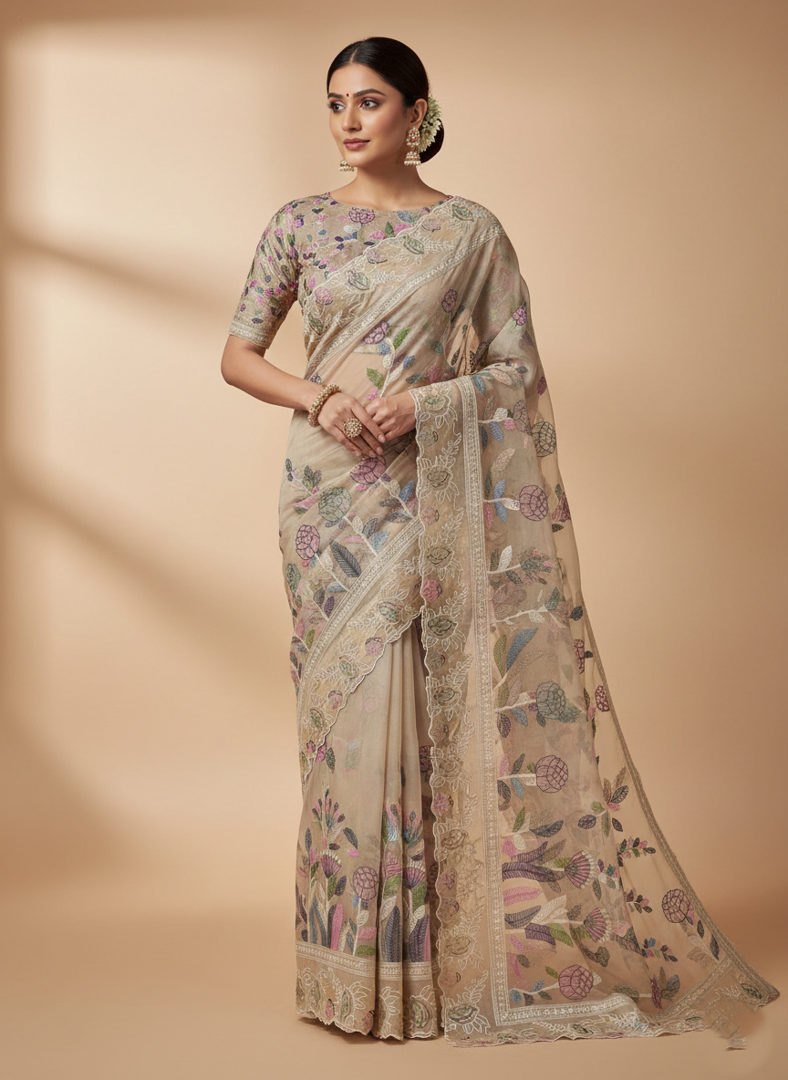 Beige Banarasi Handloom Tissue Silke Paithani Broderi Saree