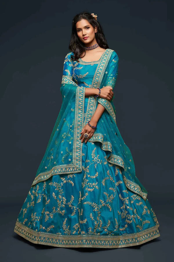 Teal Blue Silk Lehenga with Thread, Zari & Sequins Work