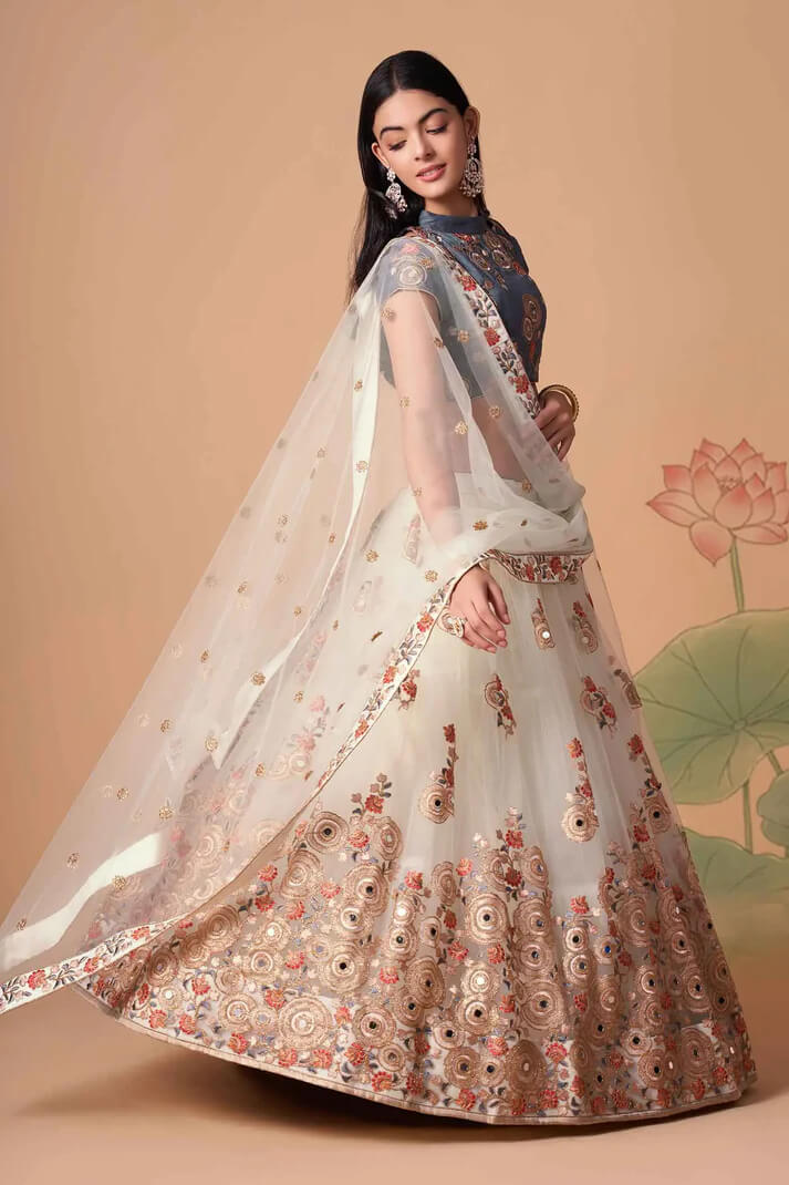 Off White Net Lehenga with Zari, Sequins & Mirror Work
