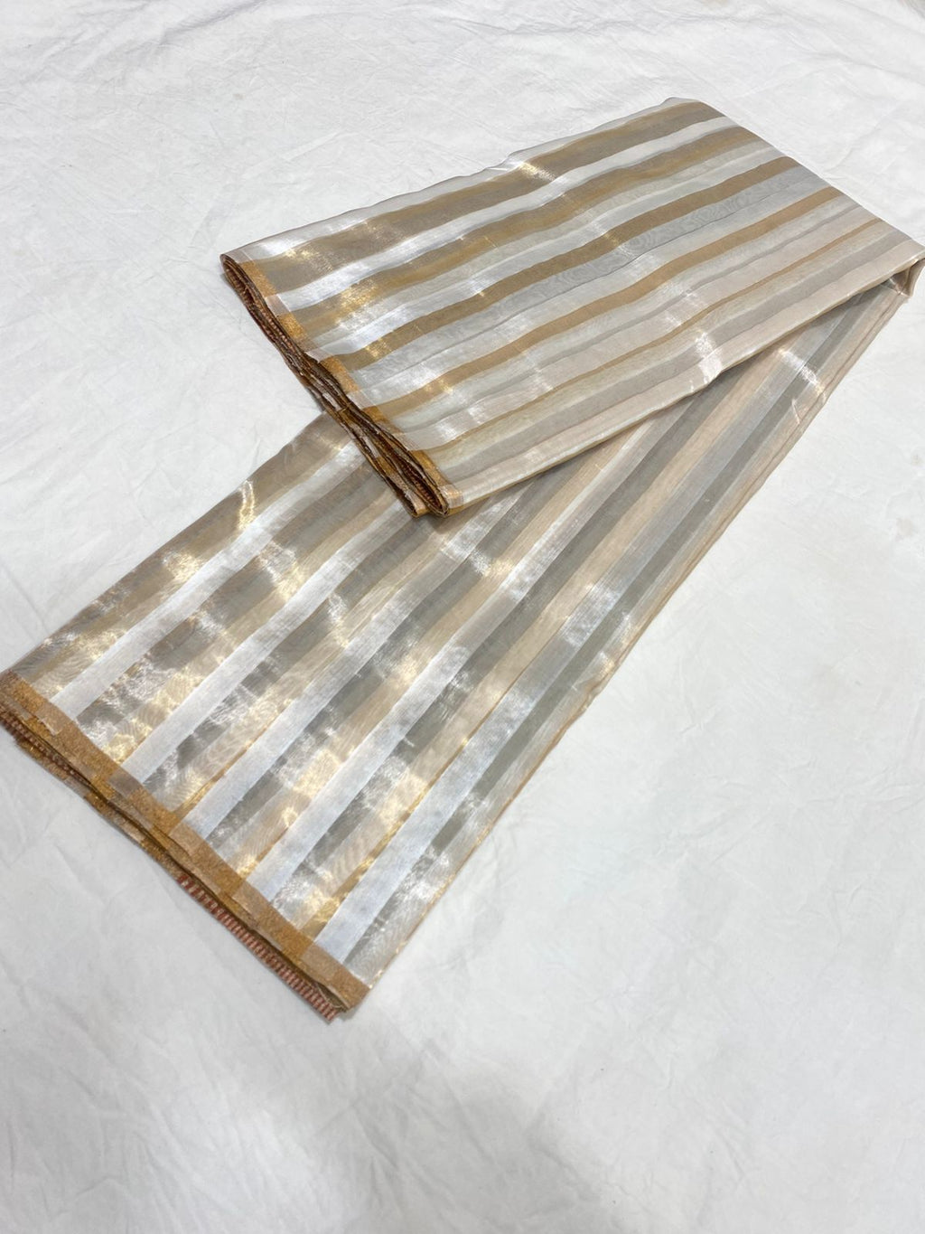 Off White Chanderi Handloom Pattu Silk Striped Saree