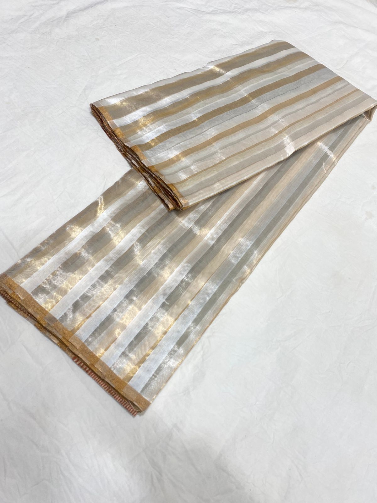 Off White Chanderi Handloom Pattu Silk Striped Saree