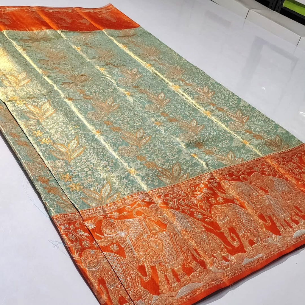 Pista Green Kanchipuram Handloom Tissue Brocade Meenakari Silk Saree