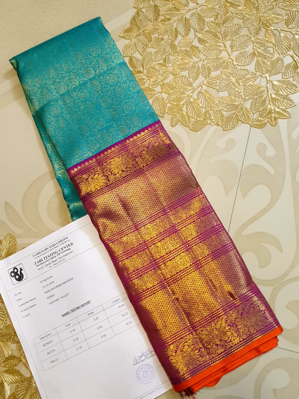 Havgrøn Kanchipuram Håndvæv 2G Guld Pattu Silk Saree