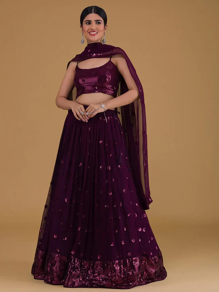 Wine Designer Party Wear Lehenga with Sequins Embroidery