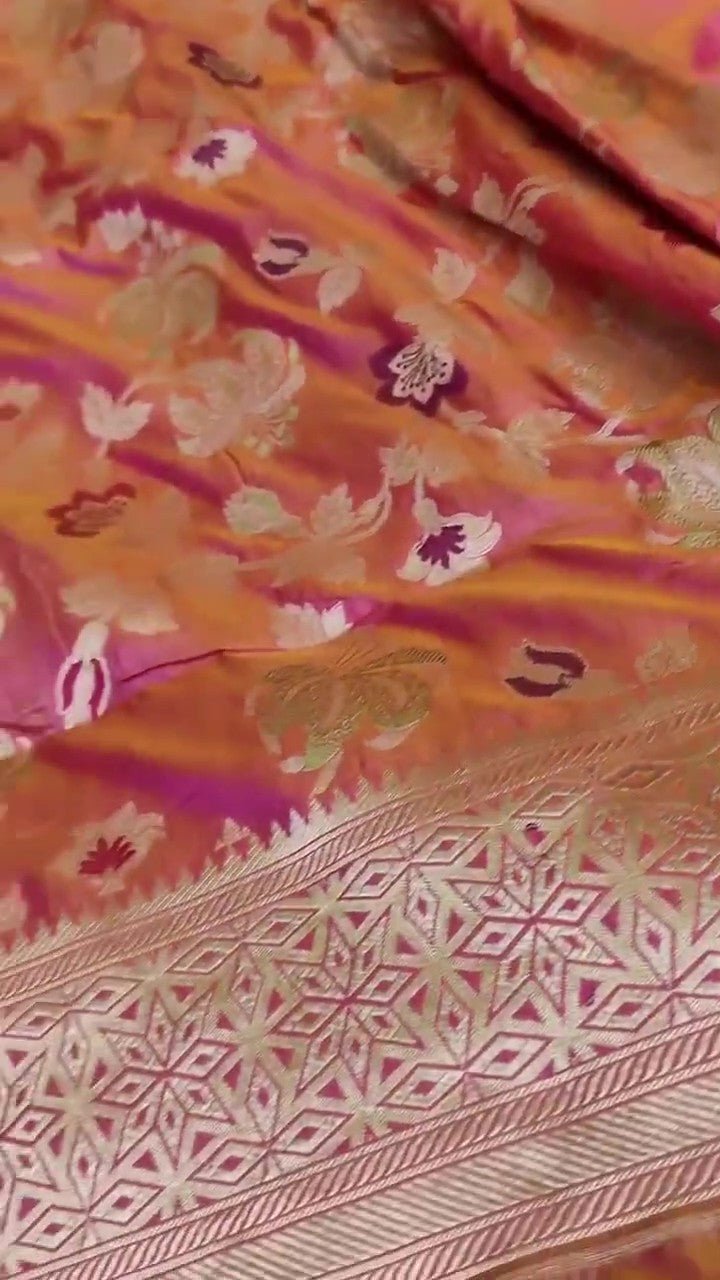 Dual Tone Hot Pink Banarasi Håndvæv Katan Silk Meenakari Saree