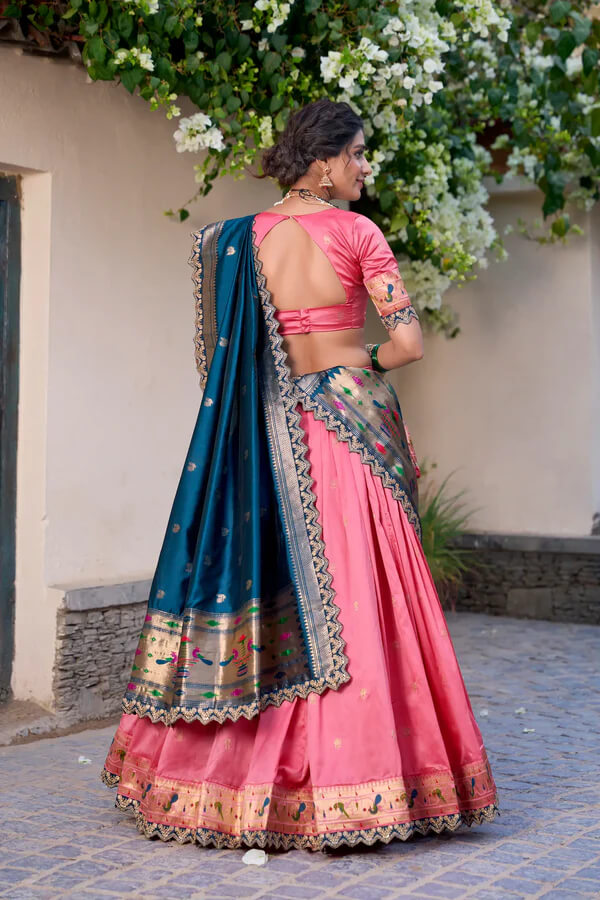Light Pink Paithani Silk Lehenga Choli with Intricate Lace & Zari