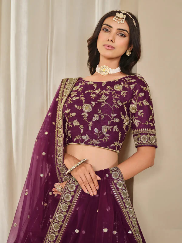 Dusty Wine Art Silk Lehenga Choli with Sequins Embroidery