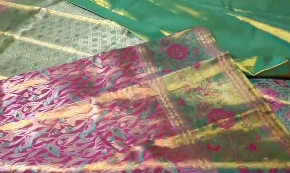 Hot Pink Kanchipuram Håndvævet Brokade Meenakari Silkesari