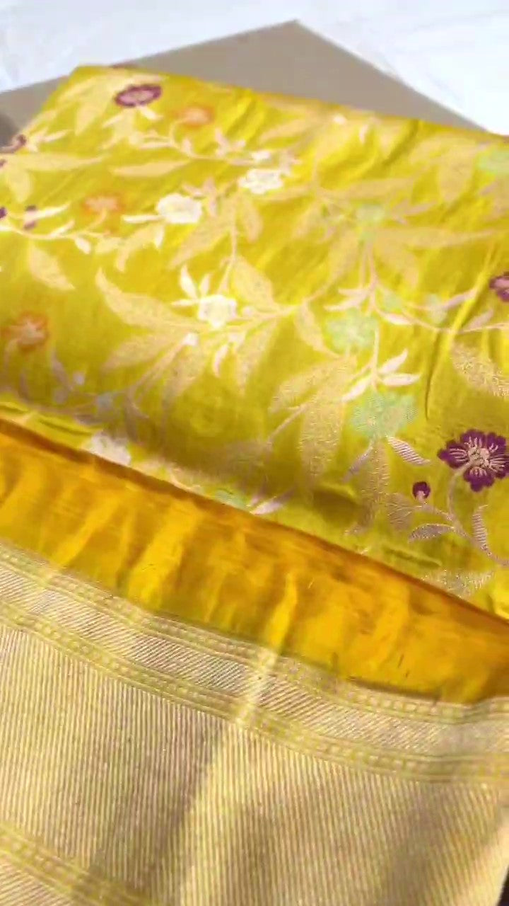 Golden Yellow Banarasi Handloom Katan Silk Meenakari Saree