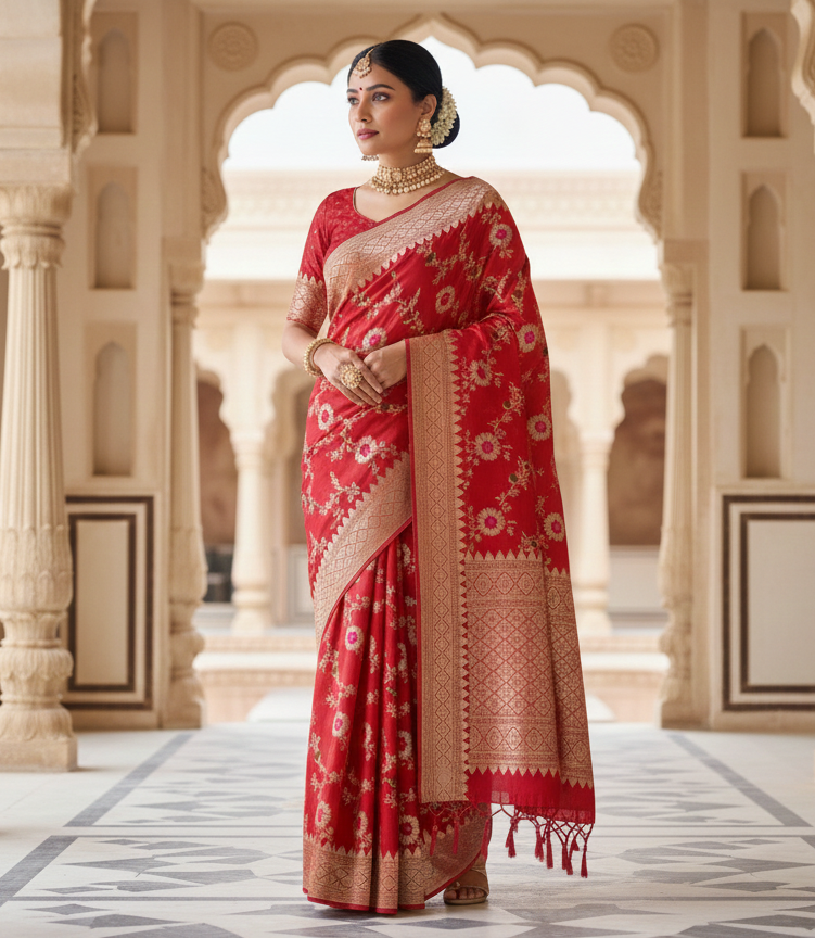 Red Banarasi Handloom Katan Moonga Silk Water Zari Meenakari Saree