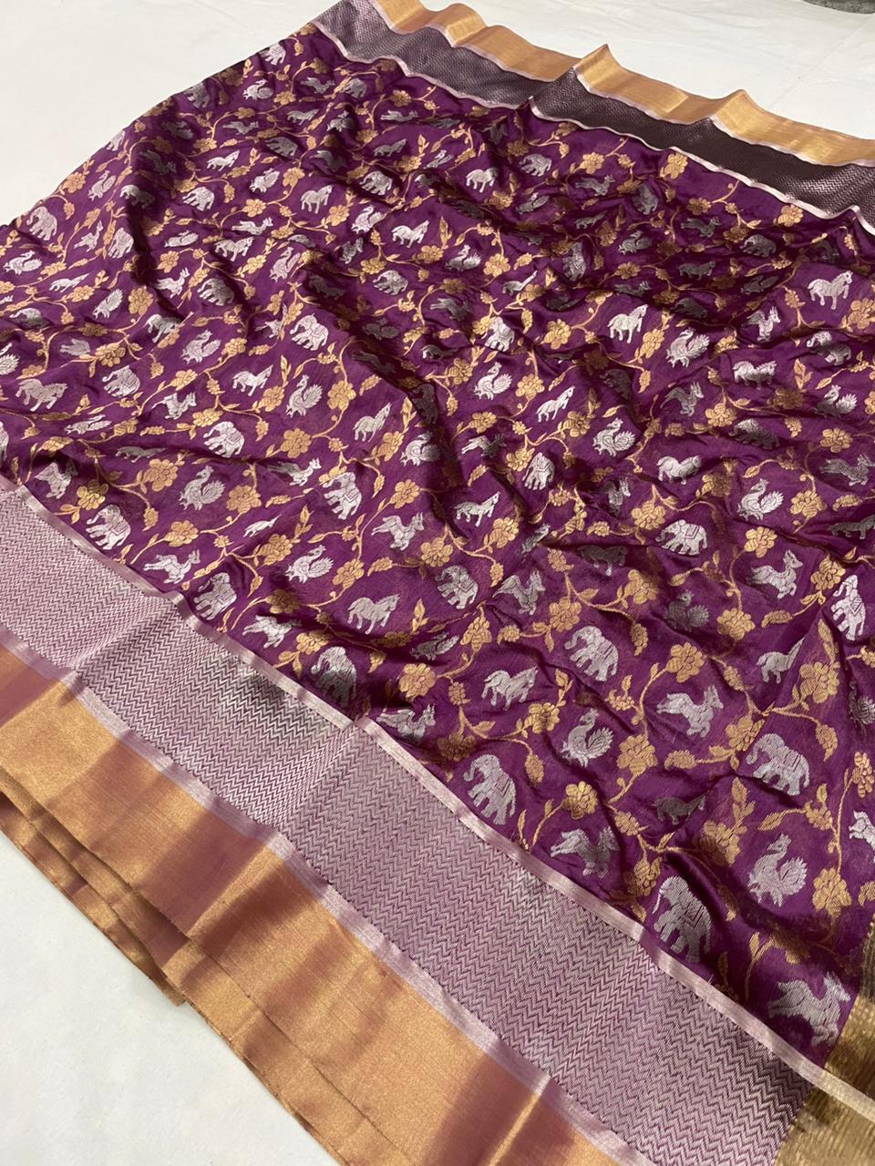 Lilac Chanderi Handloom Pattu Silk Shikargah Handwork Saree