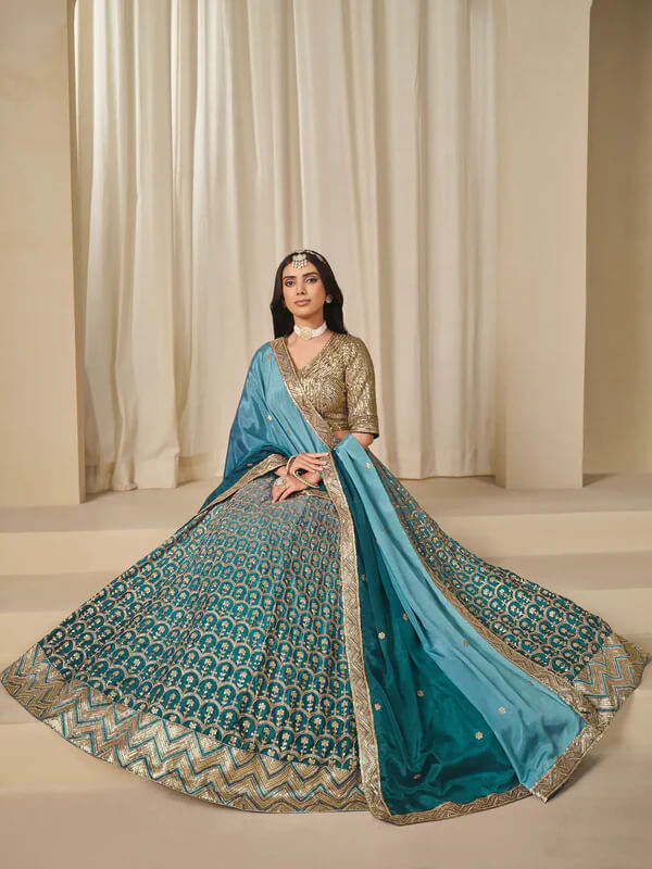 Shaded Blue Chinon Silk Embroidered Lehenga Choli