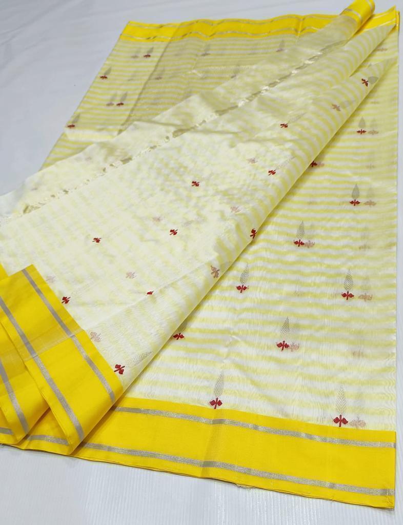 Lemon Chanderi Handloom Pattu Silk Eknal Buttas Saree