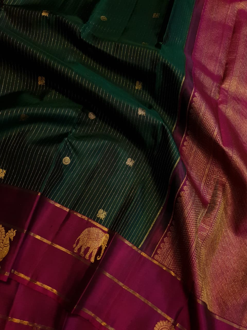 Bottle Green Kanchipuram Handloom 2G Gold Pattu Silk Saree