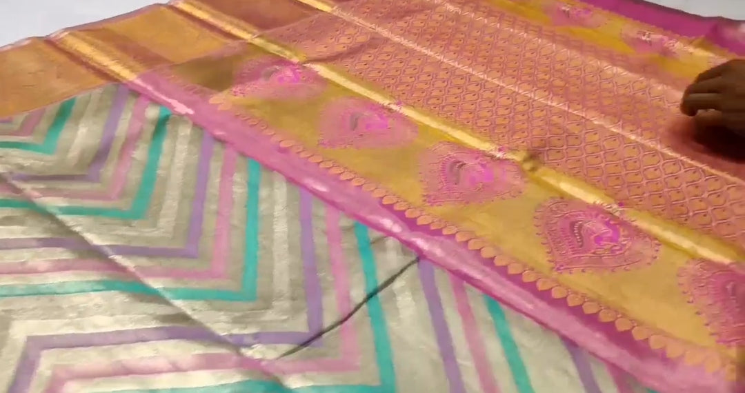 Multi Colour Kanchipuram Handloom Tissue Brocade Silk Saree