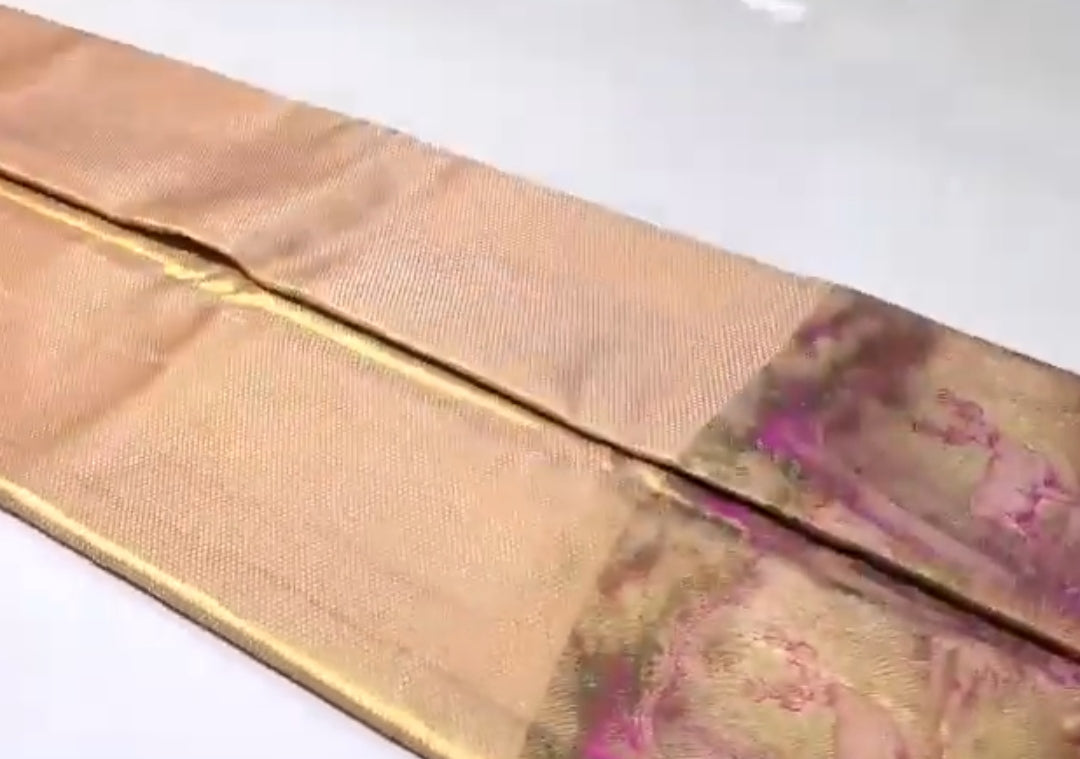 Gold and Hot Pink Kanchipuram Handloom Tissue Brocade Silk Saree