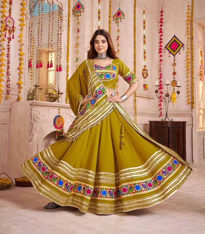 Mustard Brown Kutchi Work Navratri Lehenga Choli