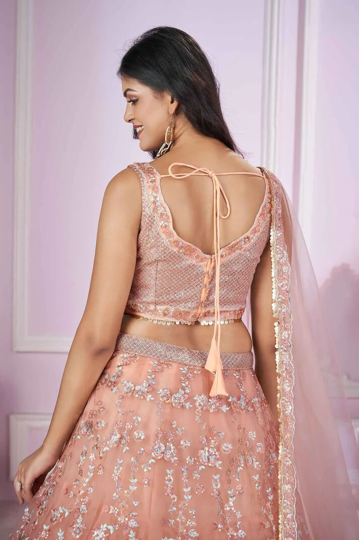 Peach Soft Net Lehenga with Sequins & Zari Embroidery
