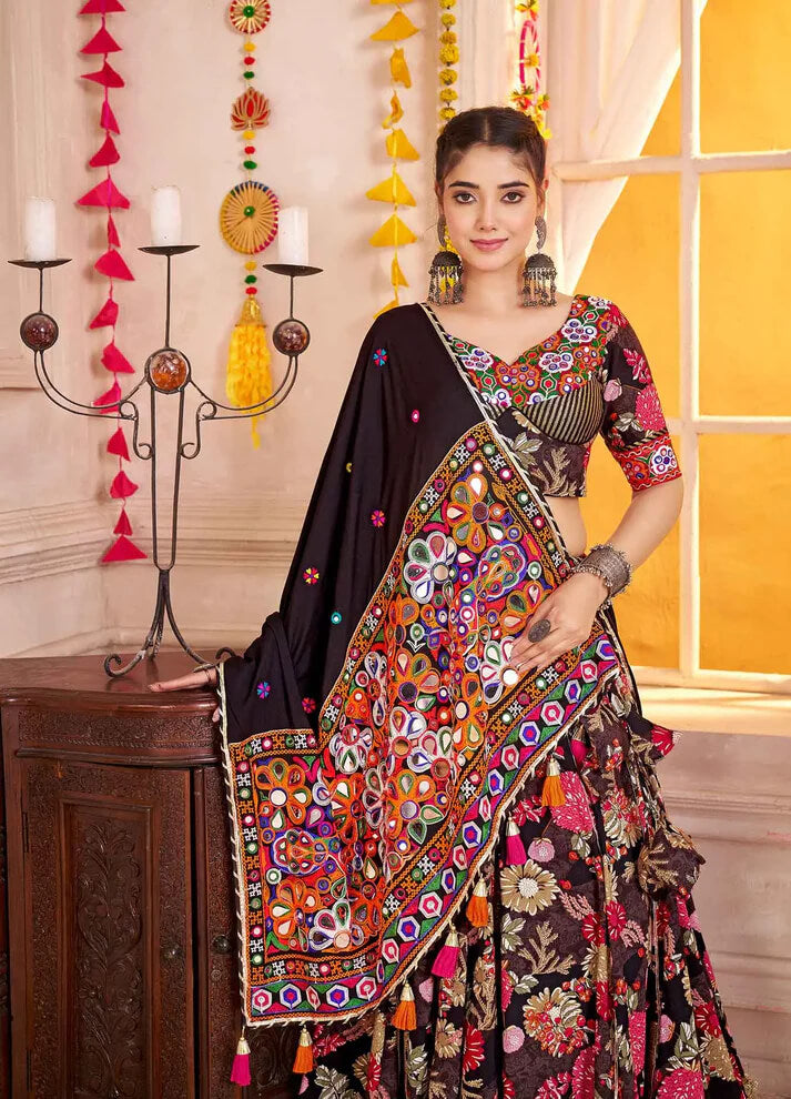 Black Floral Print Lehenga With Kutchi Mirror Work Choli For Navratri