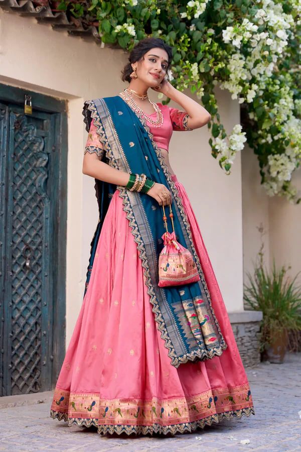 Light Pink Paithani Silk Lehenga Choli with Intricate Lace & Zari