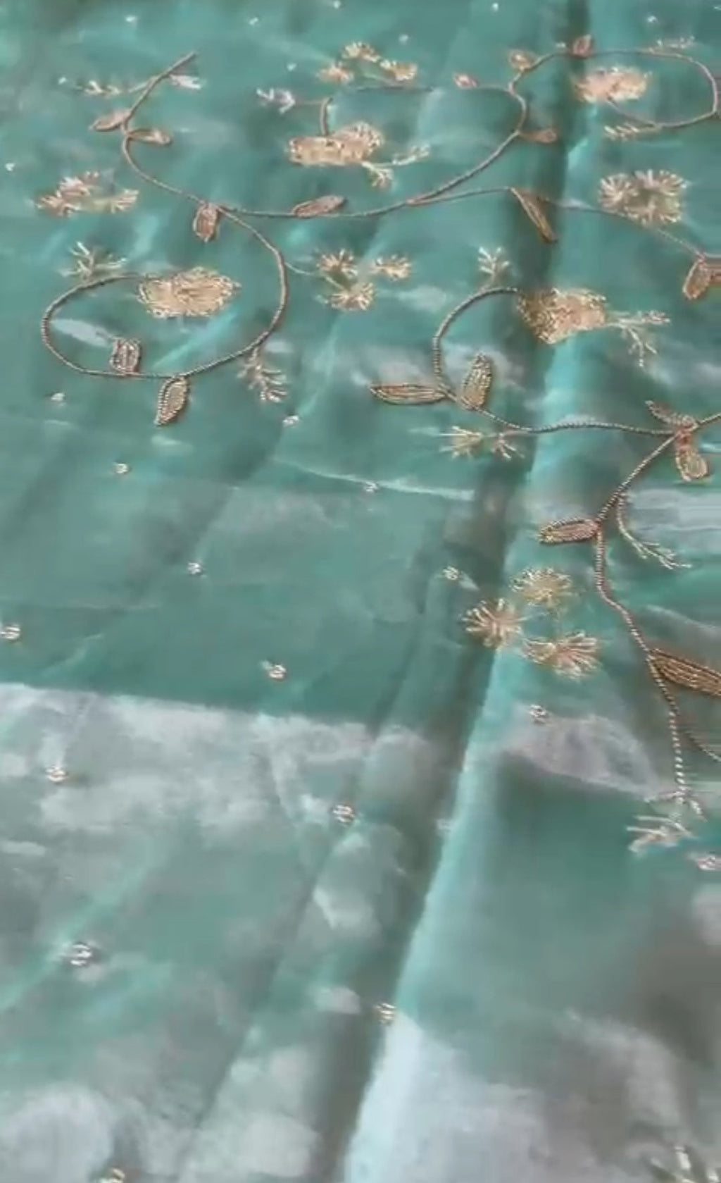 Blågrøn Banarasi håndvævet saree i rent vævssilke