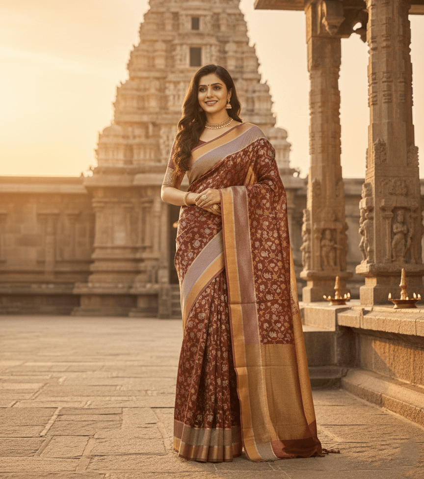 Copper Chanderi Handloom Pattu Silk Shikargah Handwork Saree