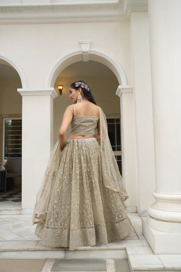 Elegant Ivory Net Embroidered Lehenga Choli