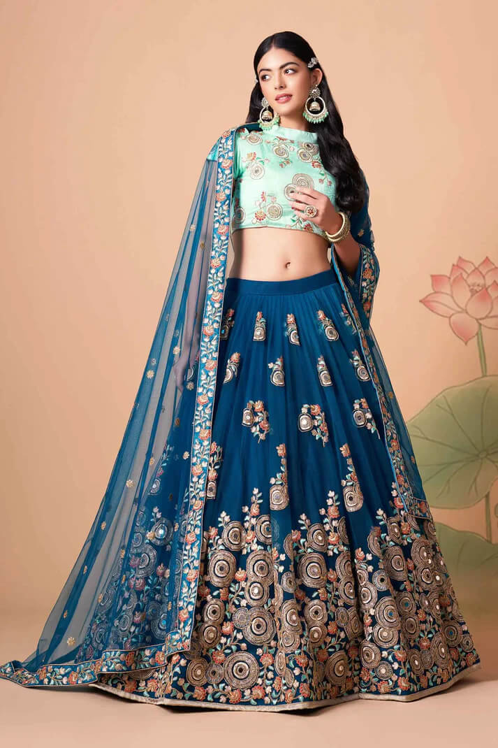 Dove Blue Net Lehenga with Zari, Sequins & Mirror Work