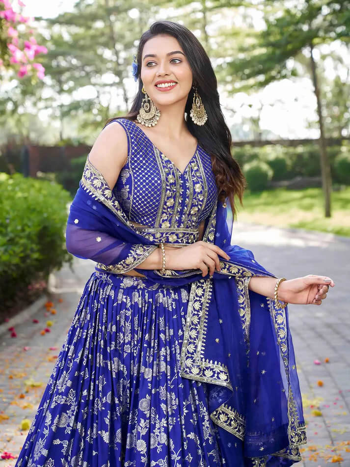 Royal Blue Jacquard Lehenga with Zari & Sequins Work