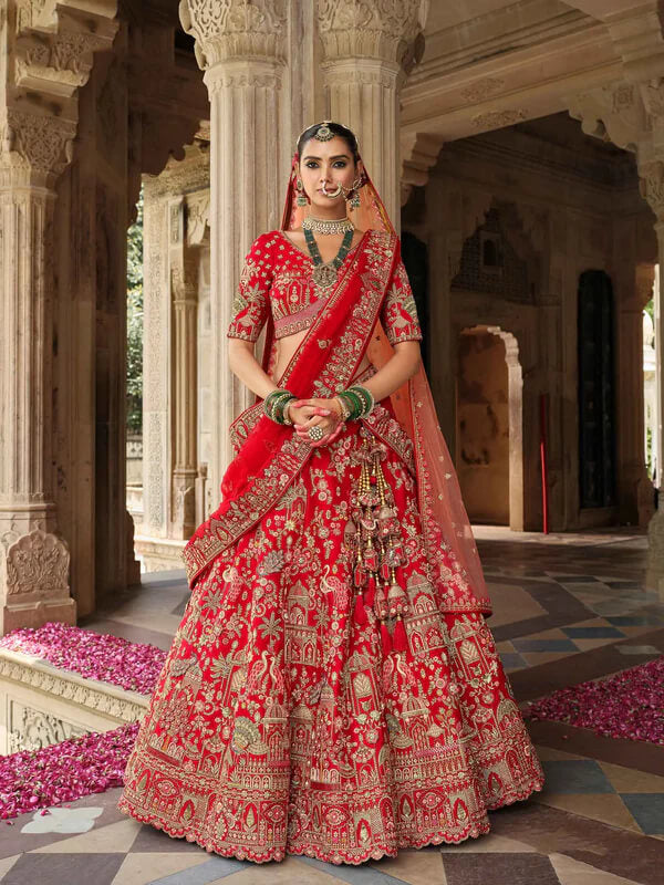 Classic Red Bridal Lehenga with Khatli Detailing
