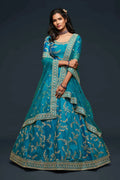 Teal Blue Silk Lehenga with Thread, Zari & Sequins Work
