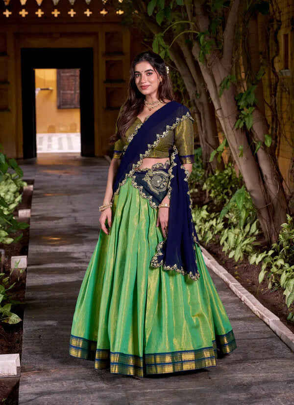 Parrot Green Ethnic Lehenga Choli with Kanchipuram Zari Work