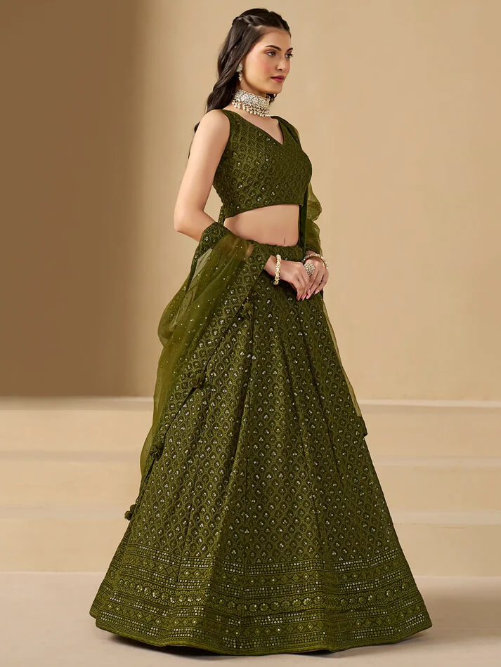 Mehendi Green Designer Lehenga with Sequins Embroidery