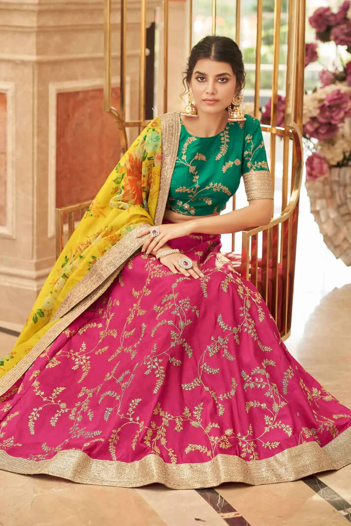 Pink Yellow Art Silk Lehenga with Zari & Sequins Work