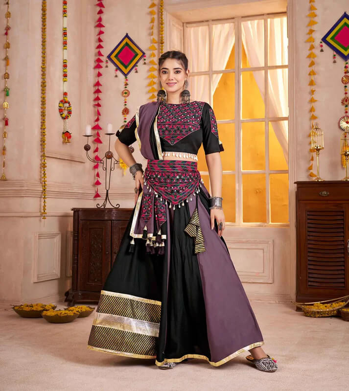 Multi Color Navratri Lehenga With Kutchi Mirror Work Choli With Waist Belt