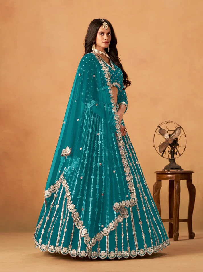 Teal Blue Art Silk Lehenga with Mirror & Embroidery