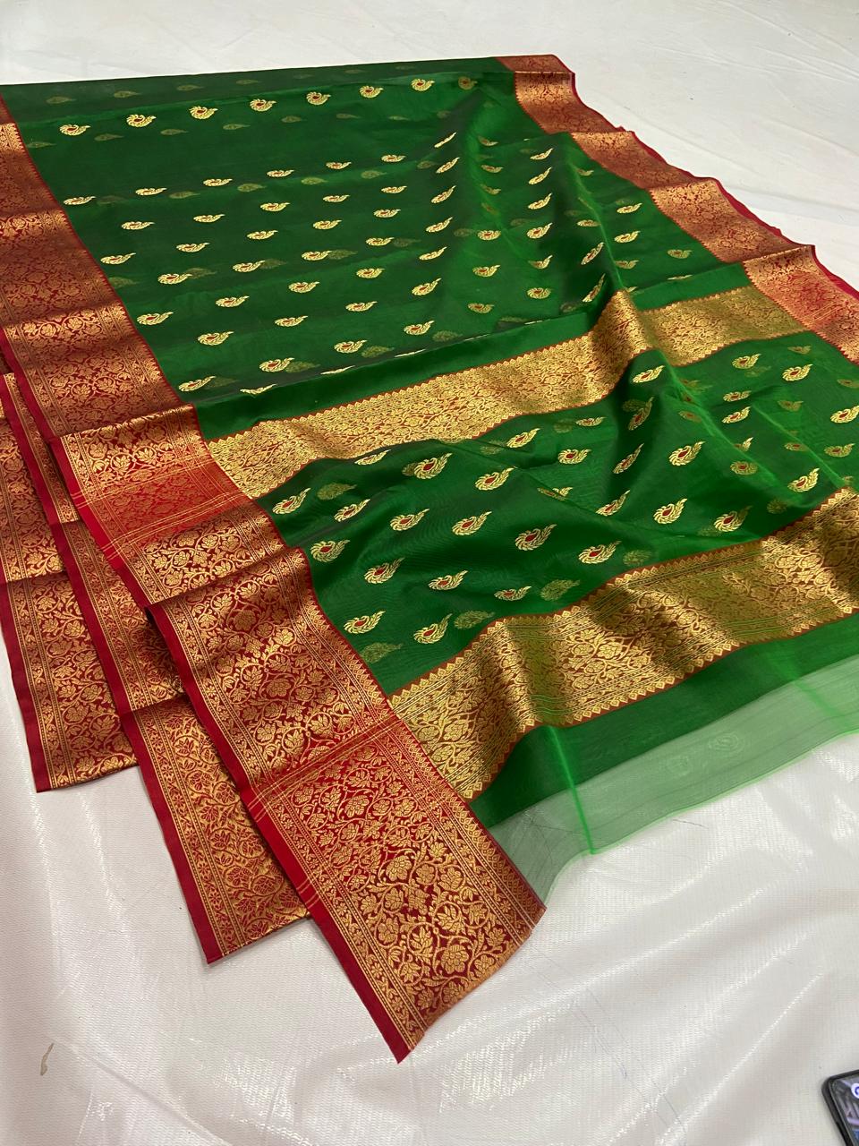 Green Chanderi Handloom Katan Silk Meenakari Saree