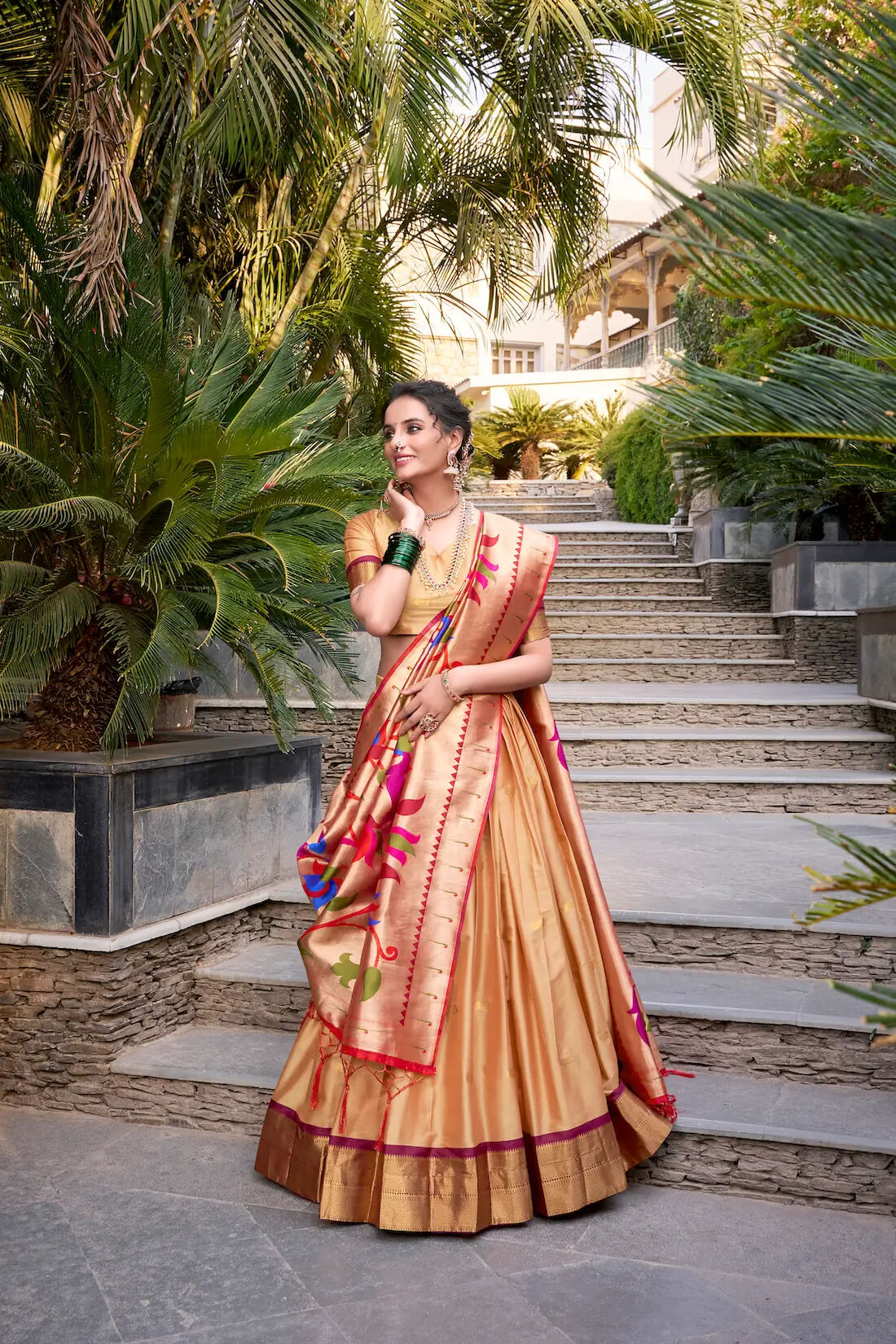 Elegant Beige Jacquard Silk Paithani Lehenga Choli with Zari Weaving