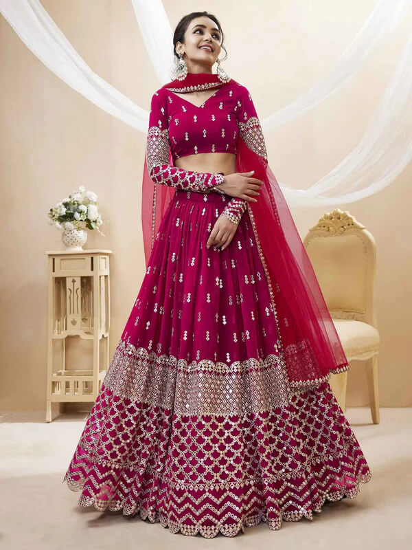 Hot Pink Georgette Lehenga with Sequins & Zari Work