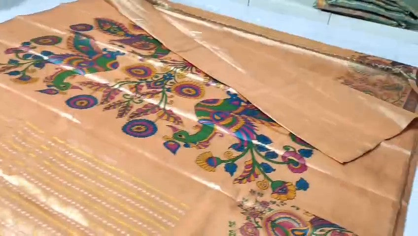 Peach Kanchipuram Handloom Kalamkari Tissue Silk Saree