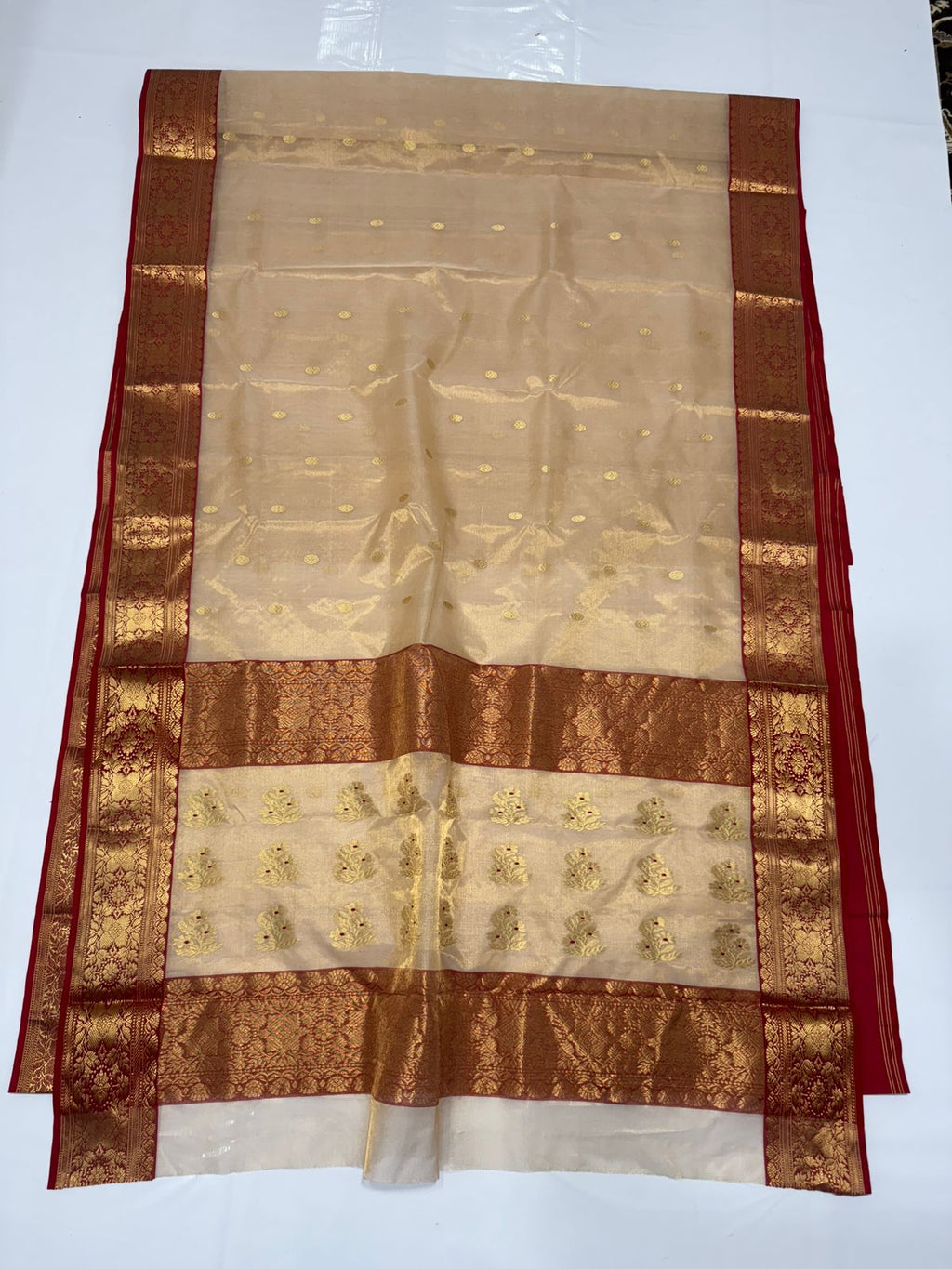 Beige Chanderi Handloom Katan Tissue Silk Saree