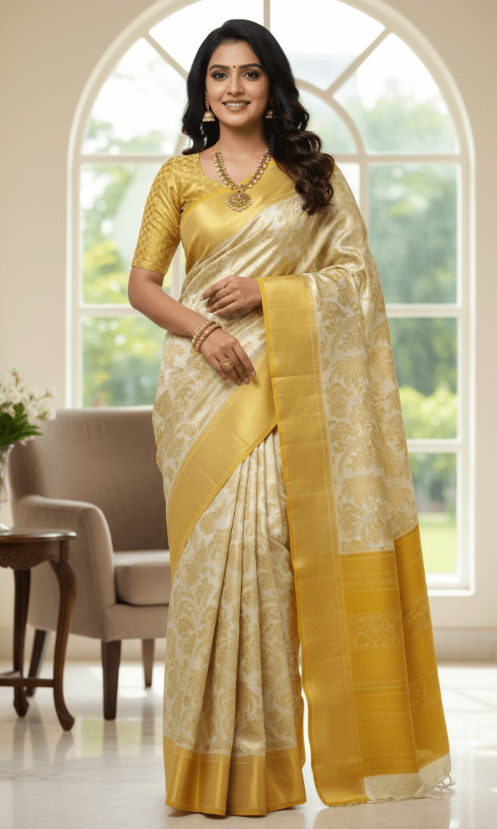 Ivory & Gold Kanchipuram Handloom Tissue Brocade Bridal Silk Saree