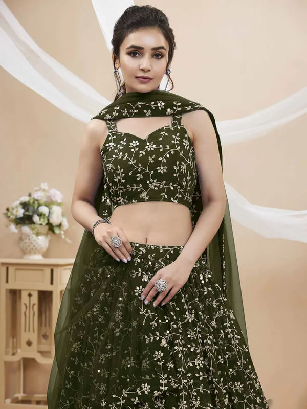 Dark Olive Green Georgette Lehenga with Sequins & Zari