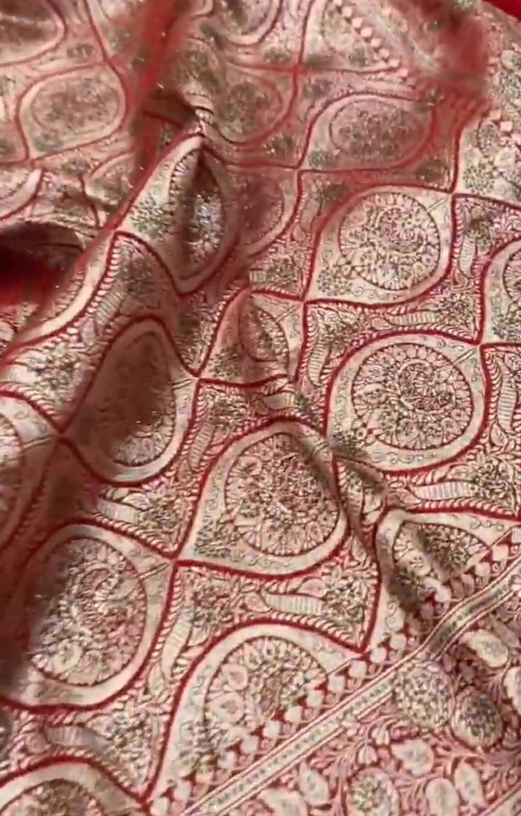 Red Banarasi Satin Katan Silk Swarovski Jangla Saree