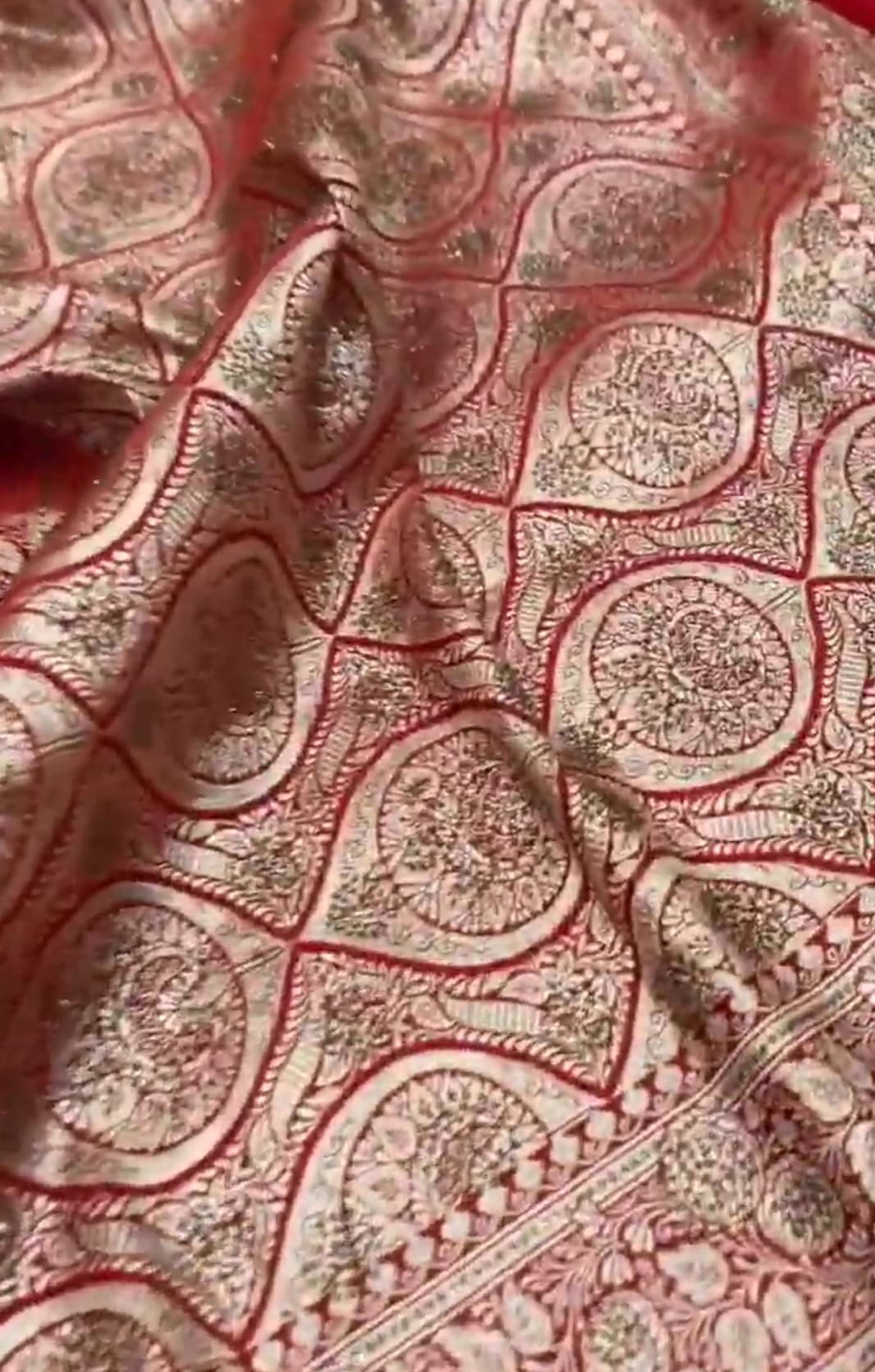 Red Banarasi Satin Katan Silk Swarovski Jangla Saree